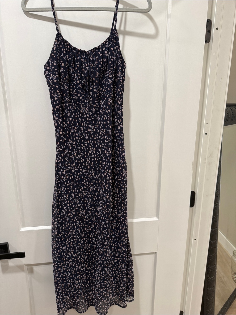 Navy Floral Midi Slip Dress with Spaghetti Straps